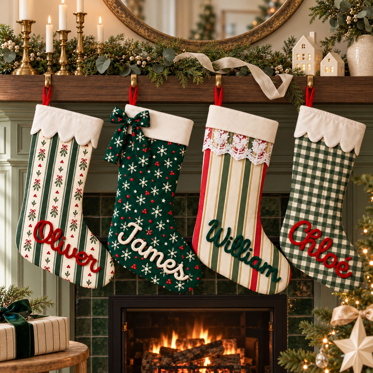 Vier personalisierte Weihnachtsstrümpfe mit Namen am Kamin