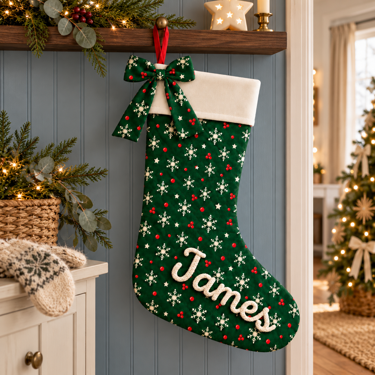Personalisierter Weihnachtsstrumpf James mit Schneeflocken