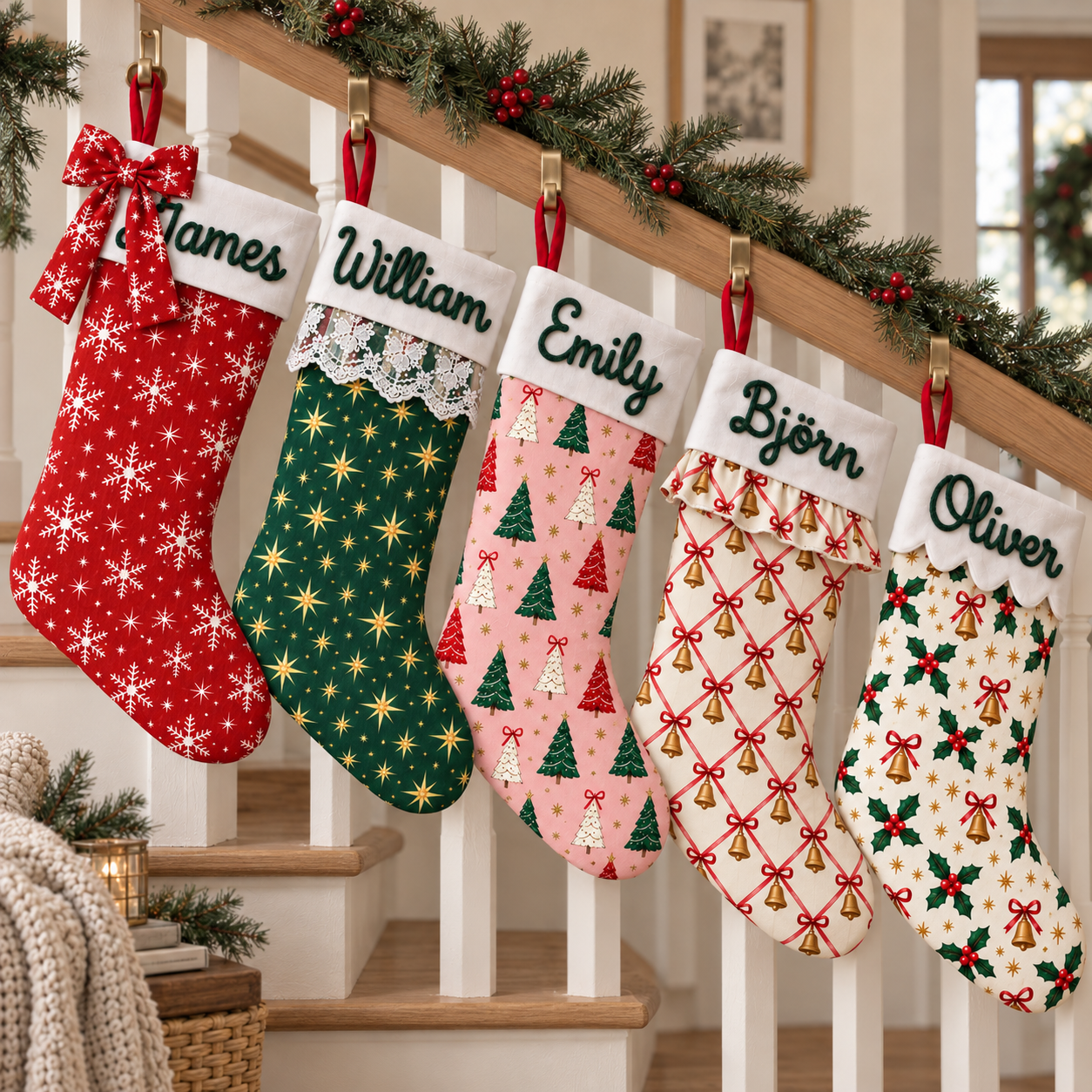 Fünf personalisierte Weihnachtsstrümpfe mit Namen am Kamin