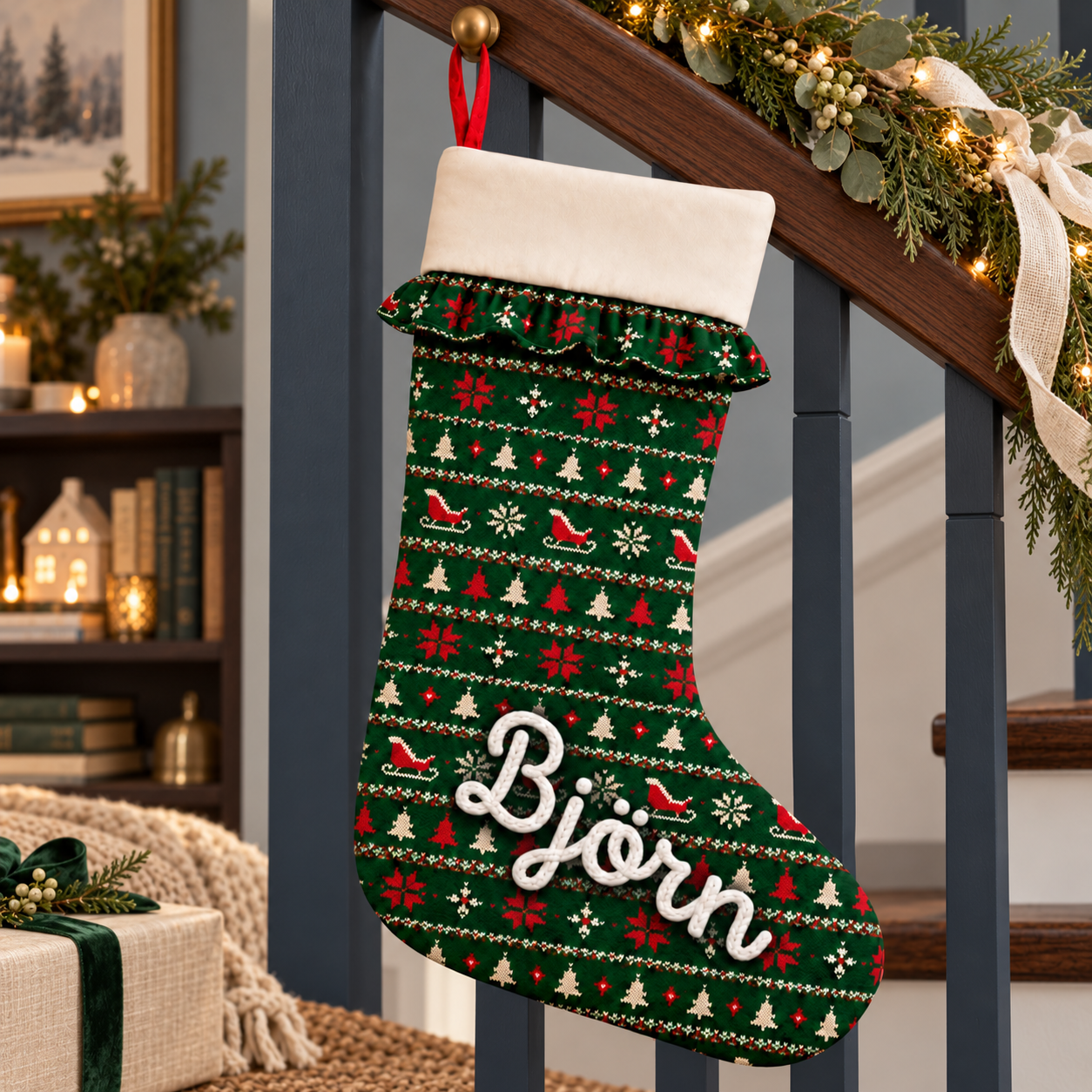 Personalisierter Weihnachtsstrumpf Björn mit Weihnachtsmuster