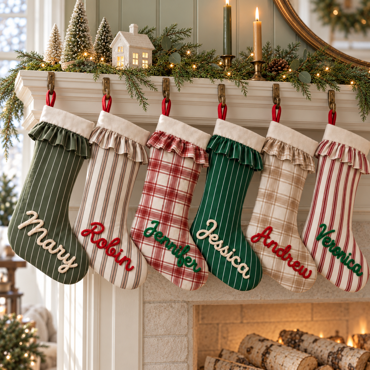 Personalisierte Weihnachtsstrümpfe mit Namen am Kamin