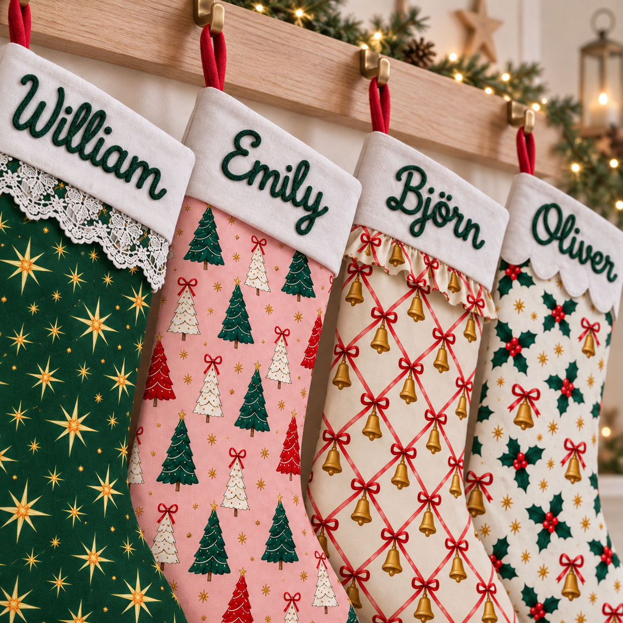 Nahaufnahme mehrerer personalisierter Weihnachtsstrümpfe mit Stoffmustern