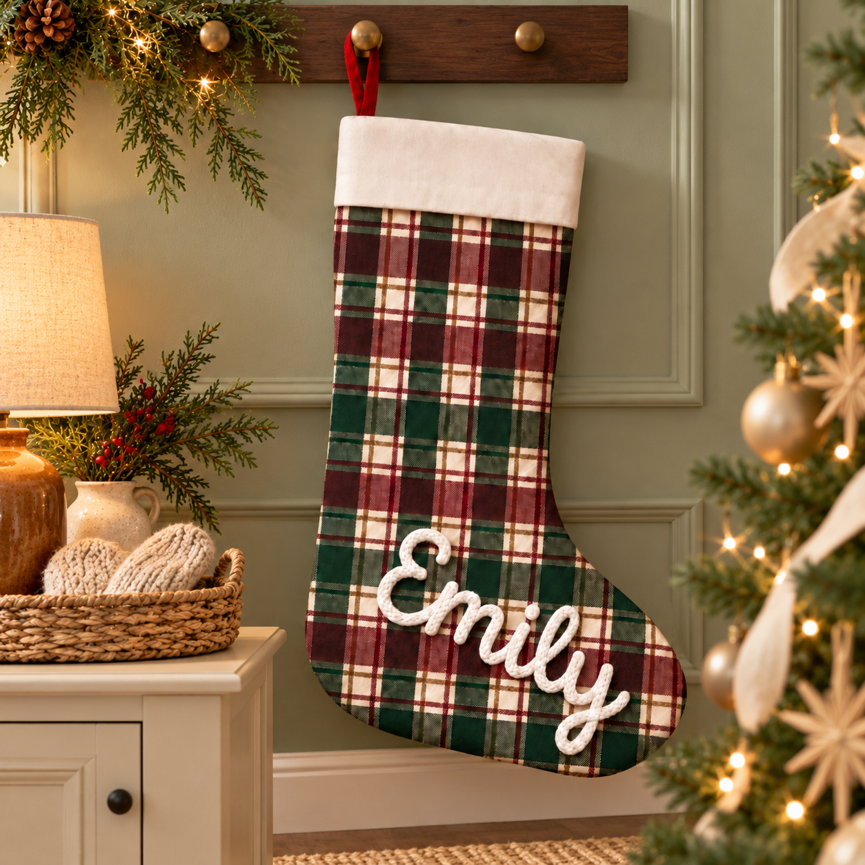 Personalisierter Weihnachtsstrumpf Emily mit Tartan-Muster