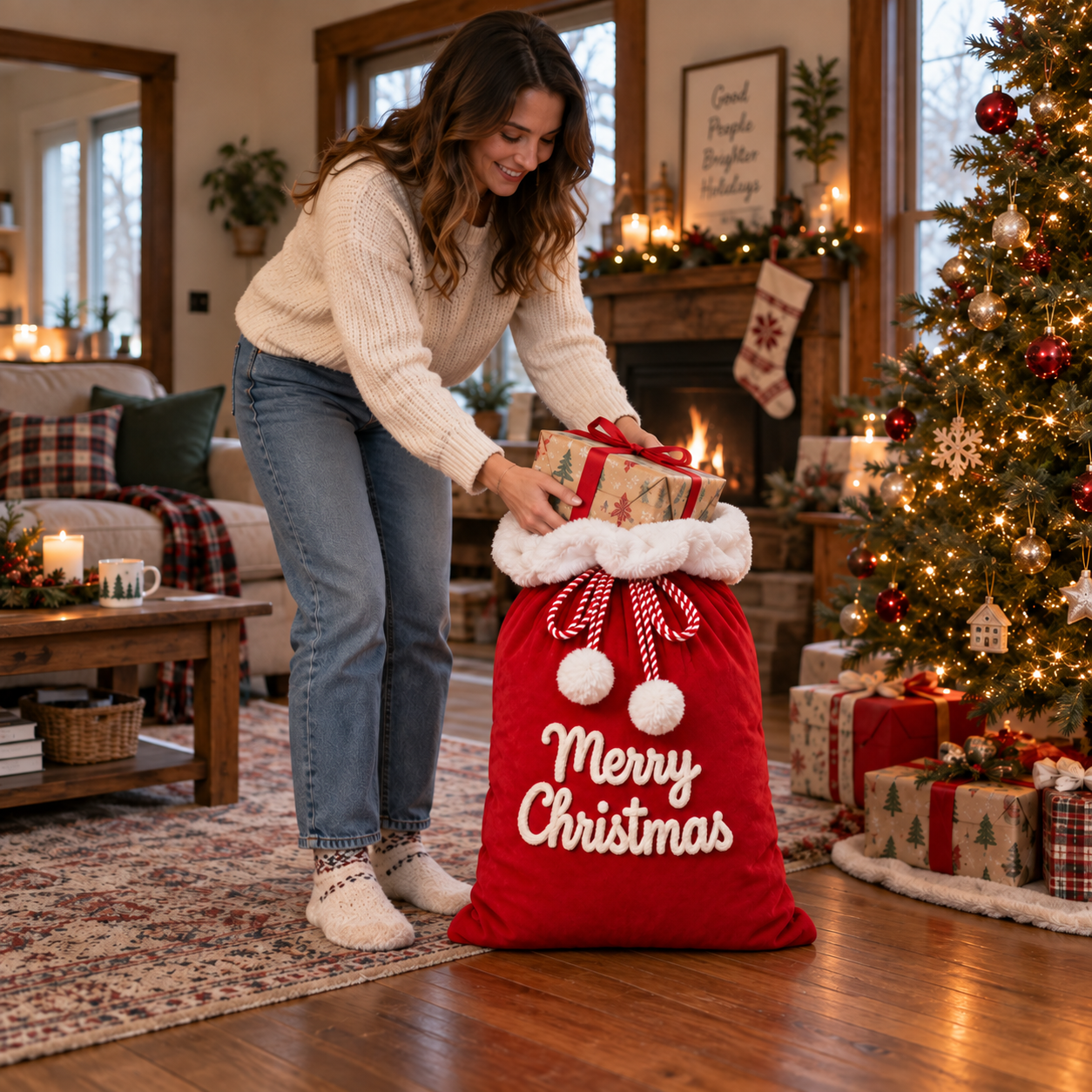 Personalisierter großer Weihnachtssack in festlicher Wohnszene