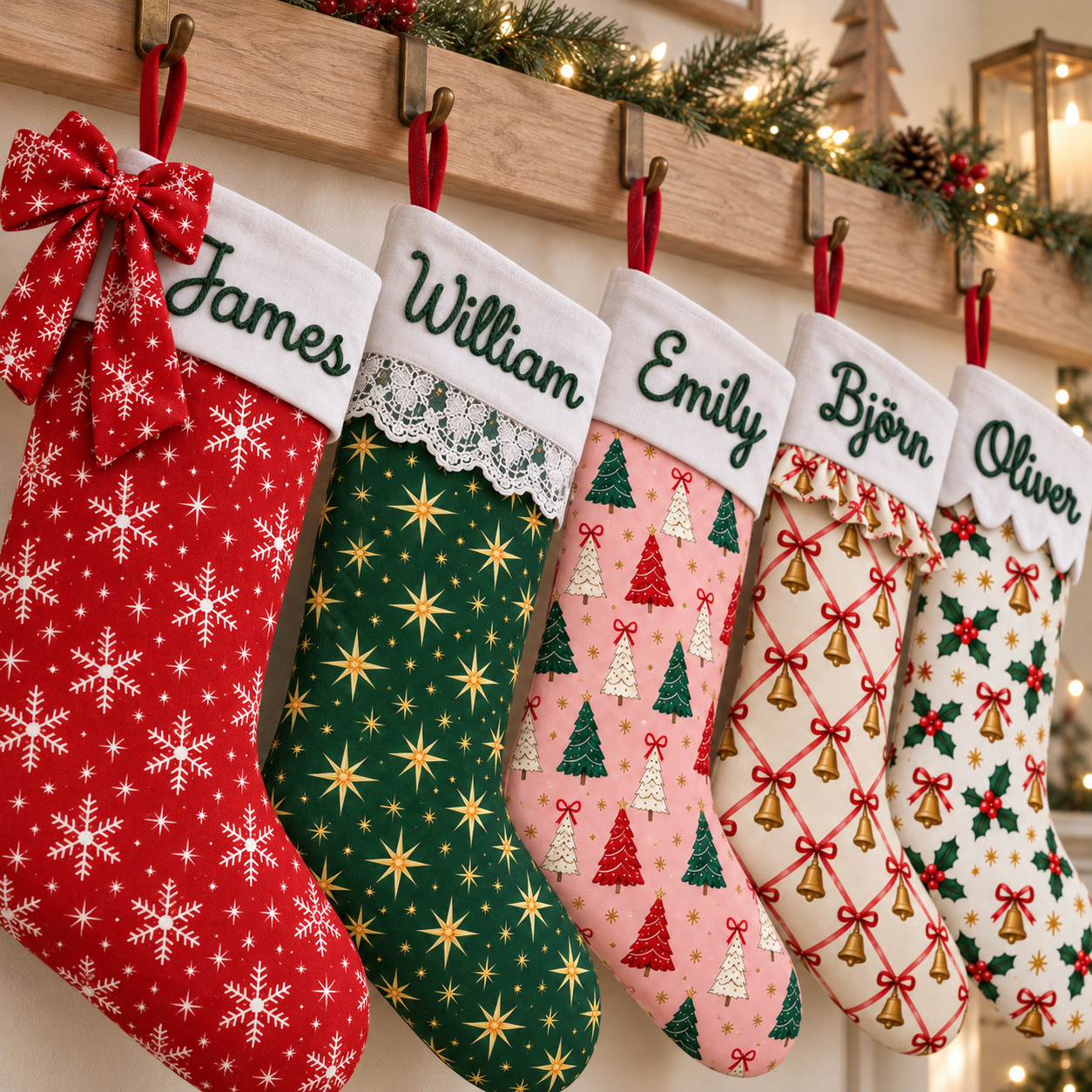 Fünf große Weihnachtsstrümpfe mit unterschiedlichen Mustern