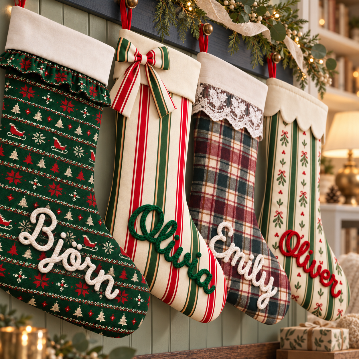 Familien-Weihnachtsstrümpfe mit gestickten Namen