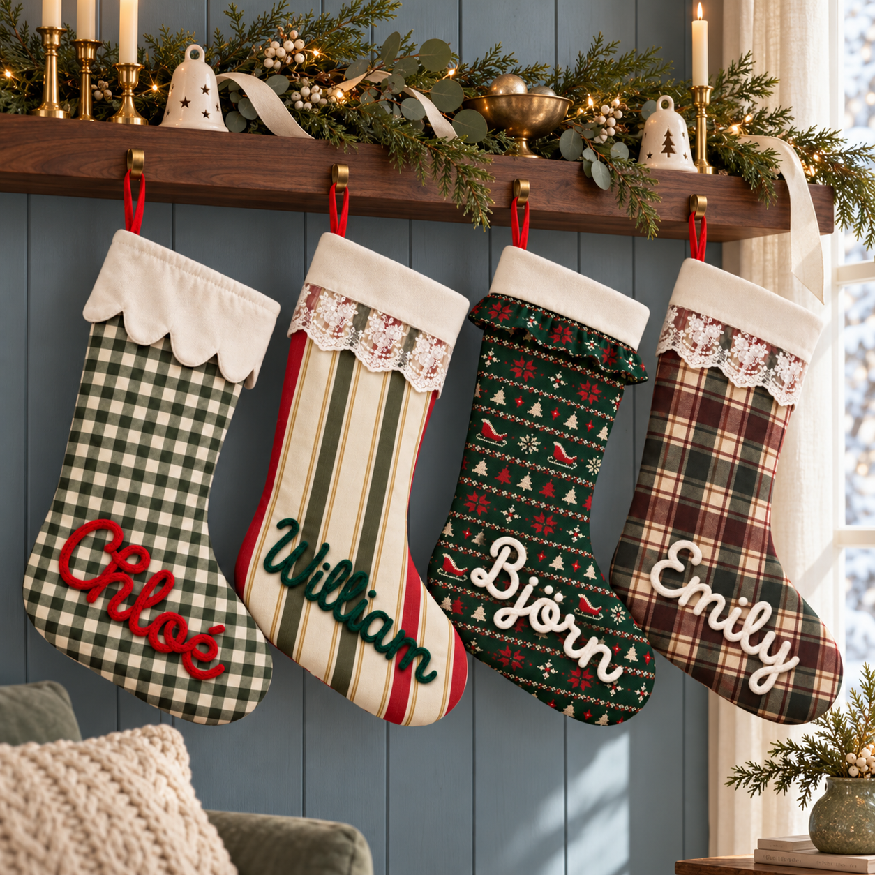 Sechs personalisierte Weihnachtsstrümpfe für die Familie