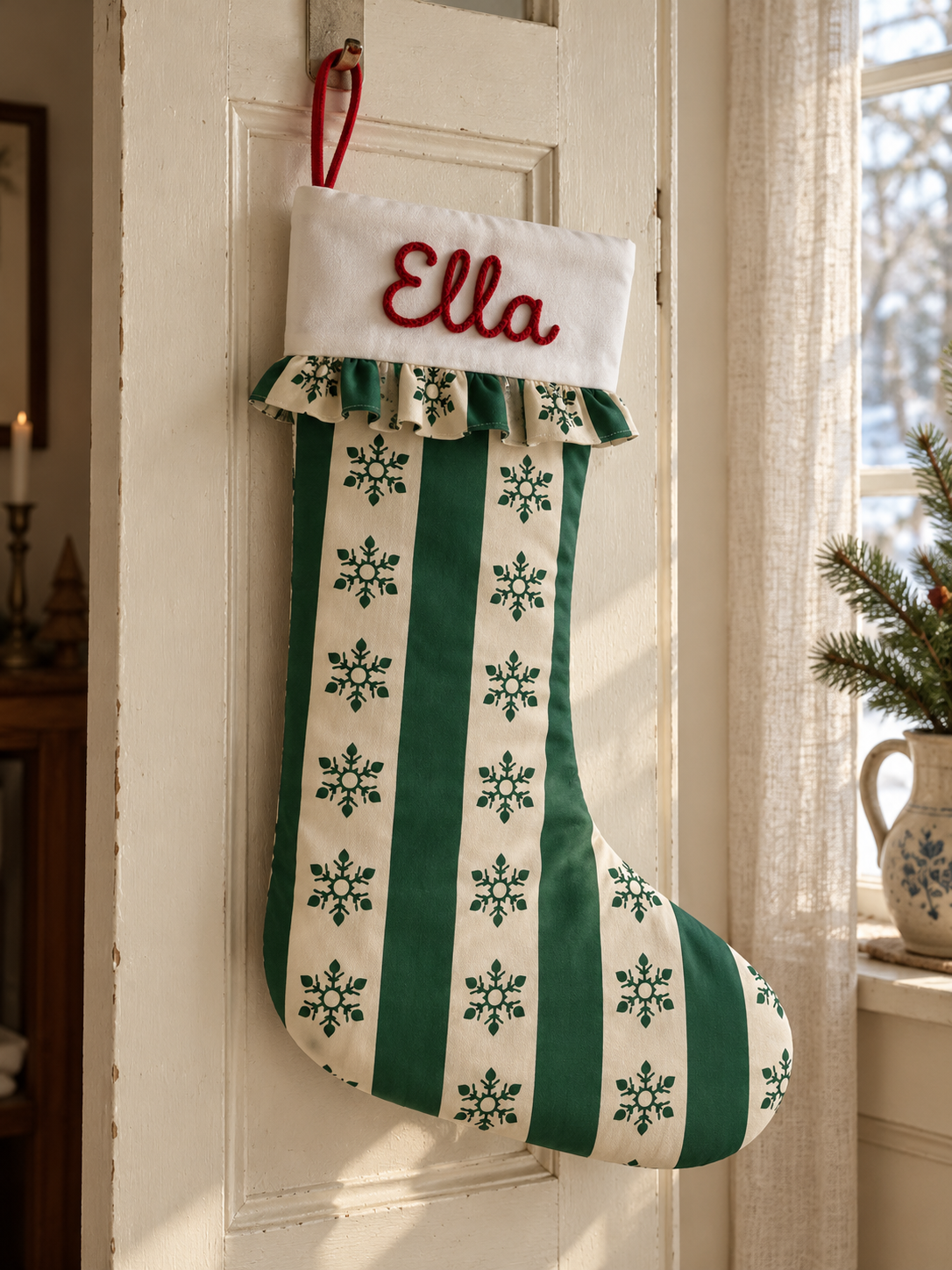 Personalisierter Weihnachtsstrumpf mit Stoffmuster und Aufhängeschlaufe