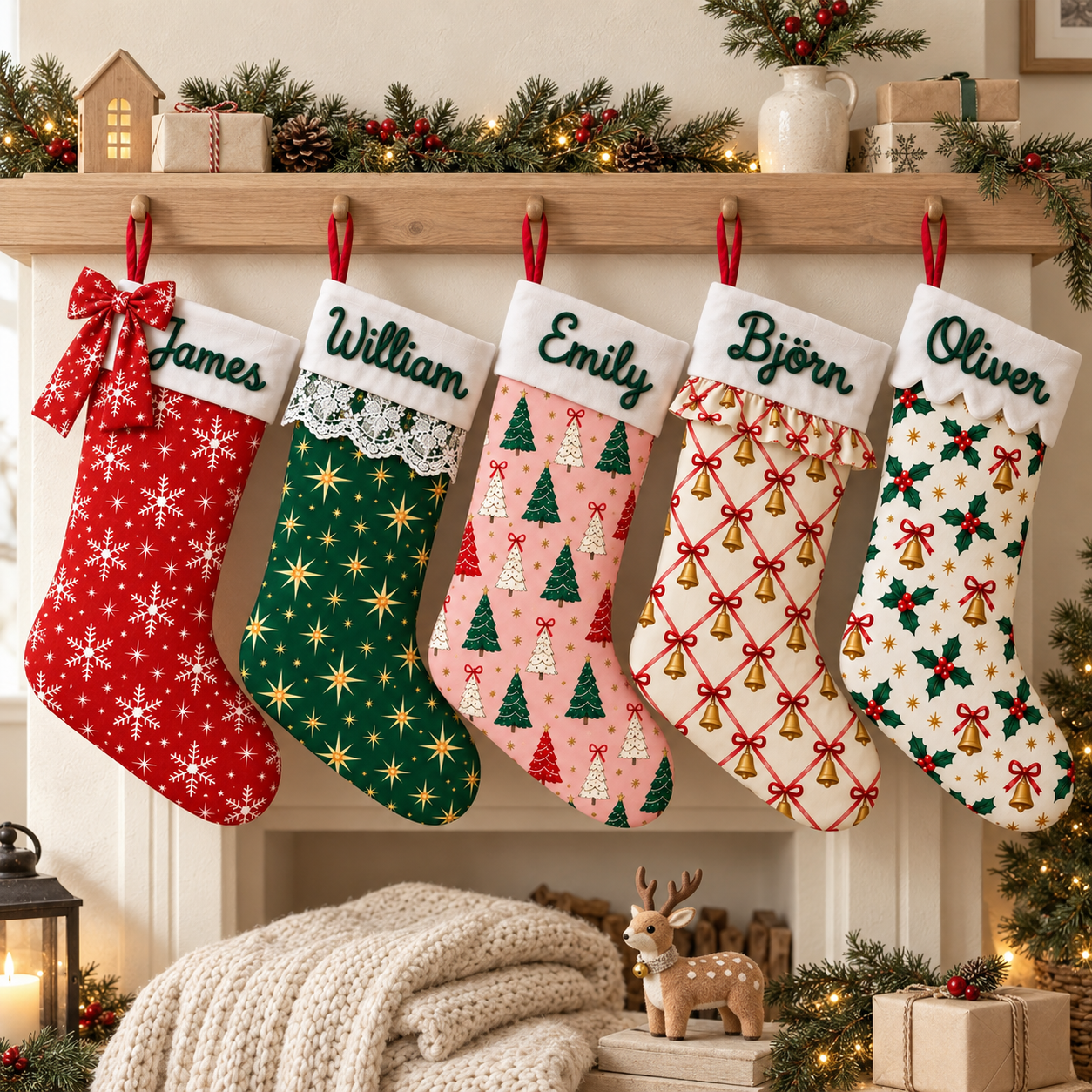 Personalisierte Weihnachtsstrümpfe als festliche Kamindekoration