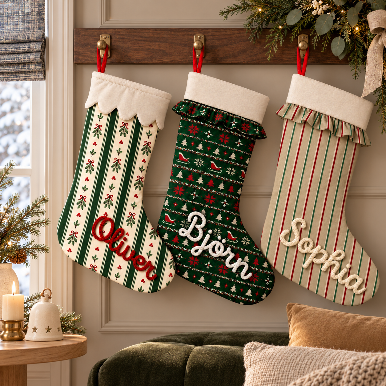 Drei Weihnachtsstrümpfe mit Name in klassischen Stoffmustern