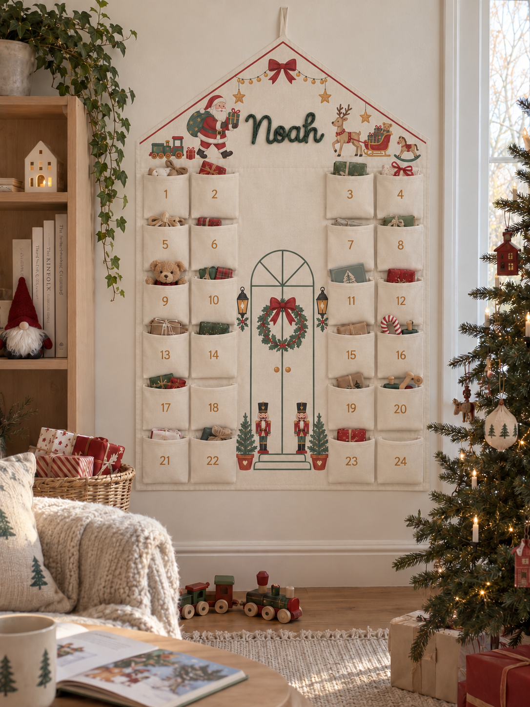 Personalisierter Stoff-Adventskalender mit 24 Taschen im Wohnzimmer