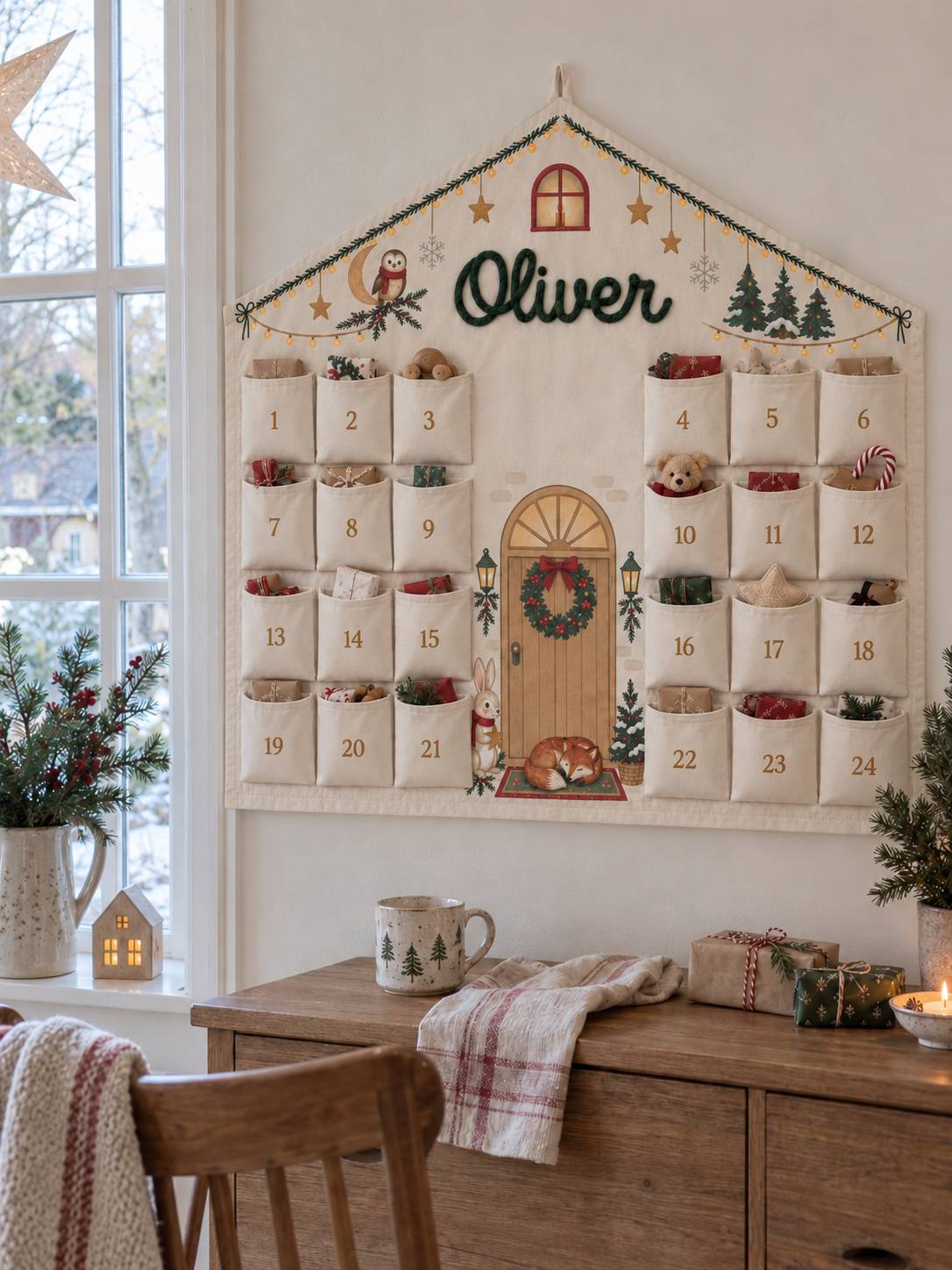 Breiter Haus-Adventskalender mit Waldmotiv und Wunschname Oliver