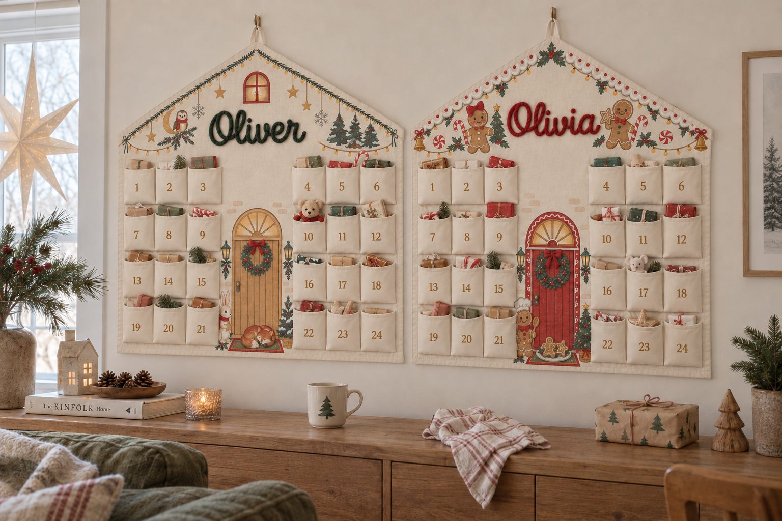 Zwei Haus-Adventskalender im Querformat mit Namen