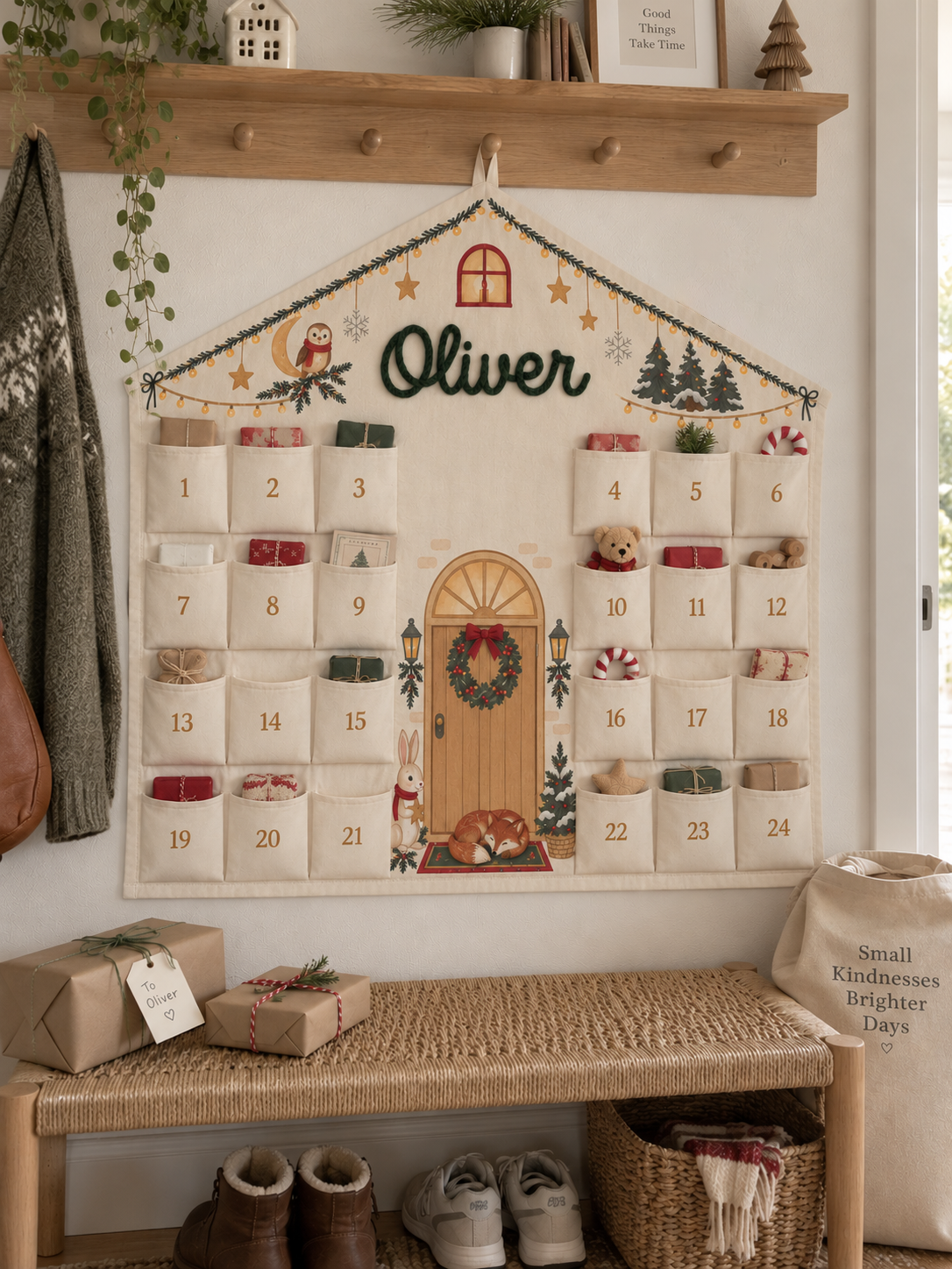 Personalisierter Adventskalender in Hausform mit 24 Taschen