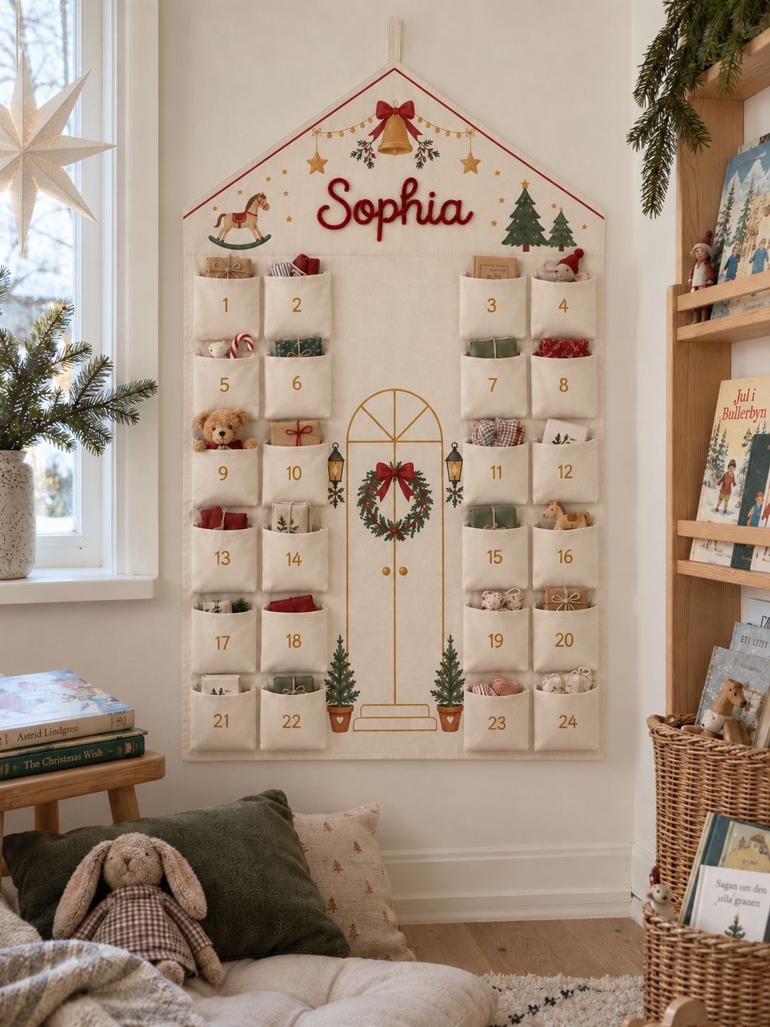 Haus-Adventskalender mit Namen und 24 nummerierten Taschen