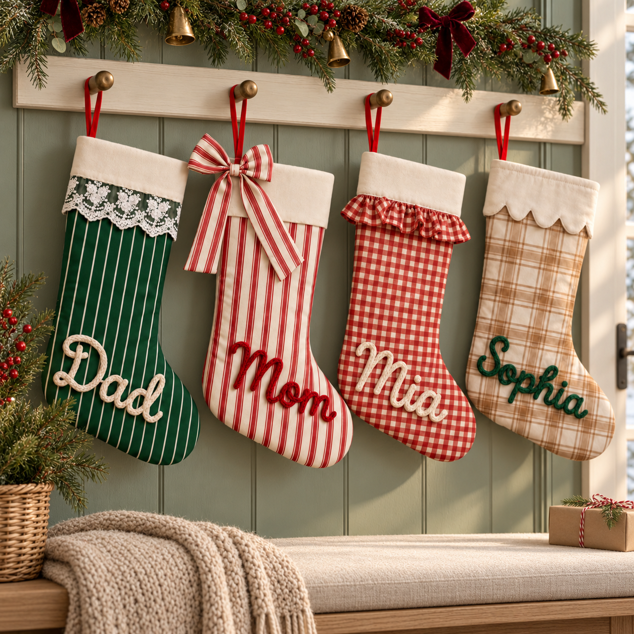 Mehrere personalisierte Weihnachtsstrümpfe in Rot und Grün