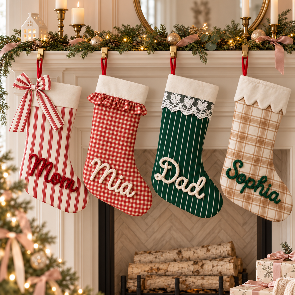 Personalisierte Weihnachtsstrümpfe mit verschiedenen Stoffmustern