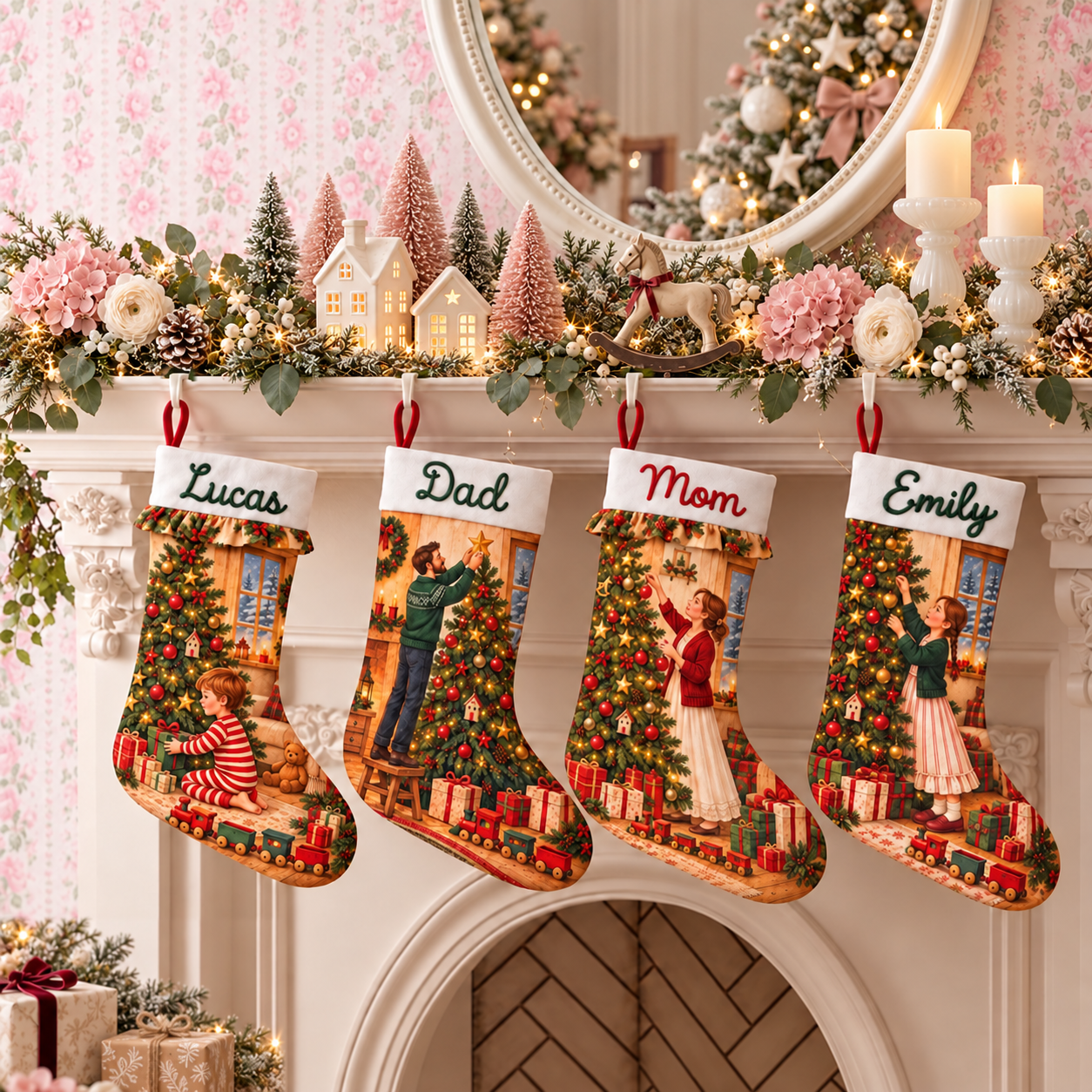 Vier personalisierte Weihnachtsstrümpfe an einem hellen Kamin