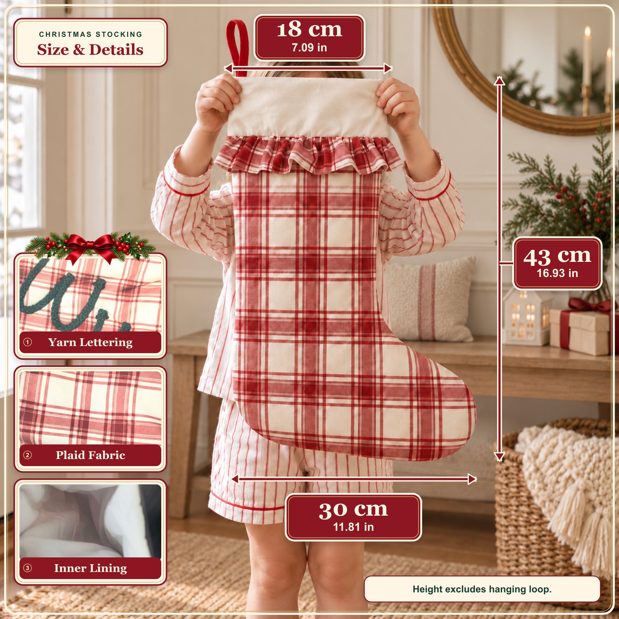 Details des Weihnachtsstrumpfs aus rotem Karostoff