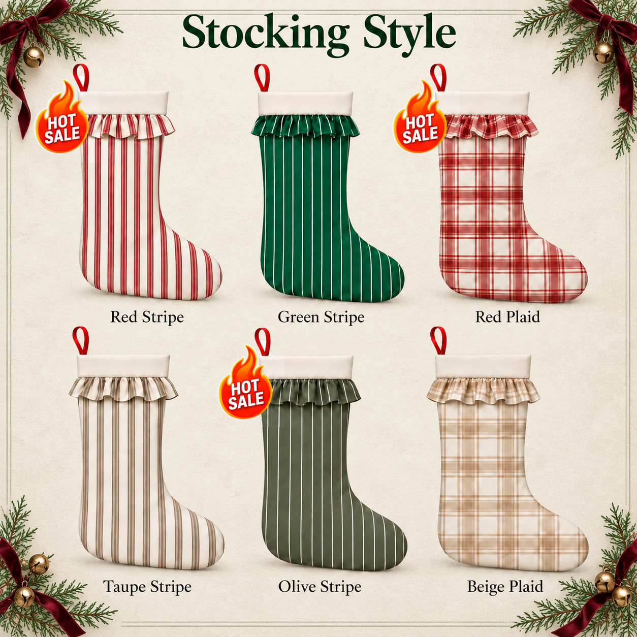 Sechs Stoffdesigns für personalisierte Weihnachtsstrümpfe