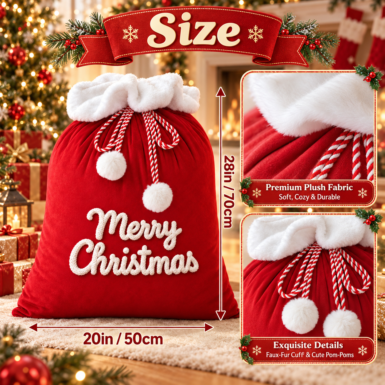Größenangaben des Weihnachtssacks 70 mal 50 Zentimeter