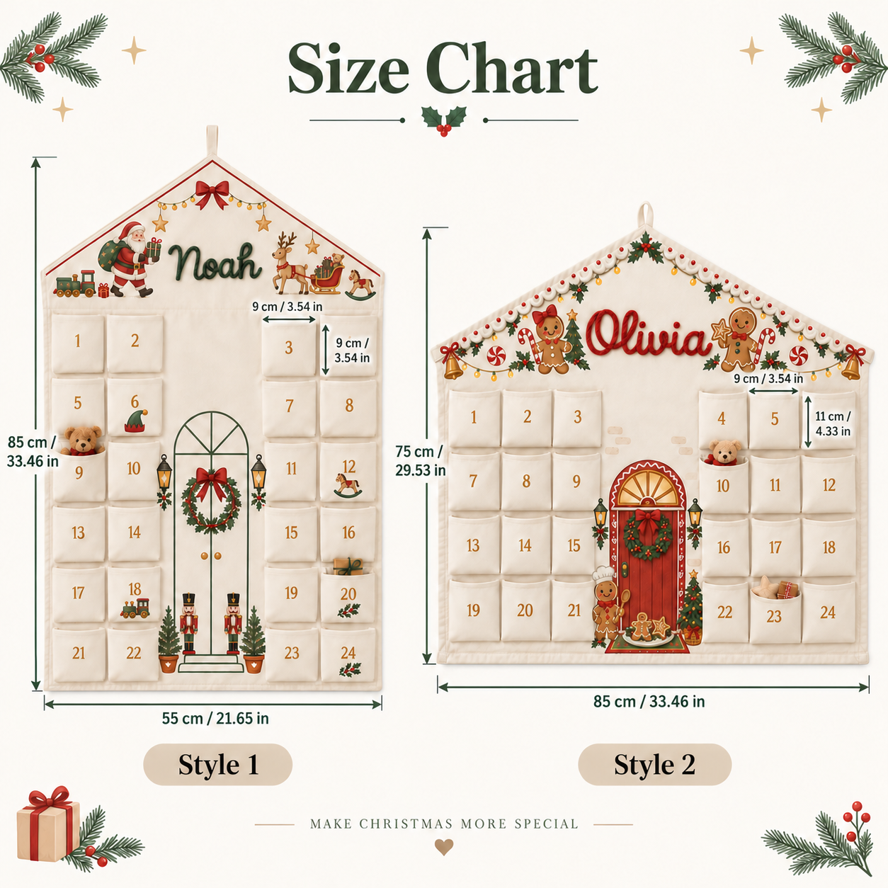 Größenvergleich der Haus-Adventskalender Hochformat 85 mal 55 Zentimeter und Querformat 75 mal 85 Zentimeter