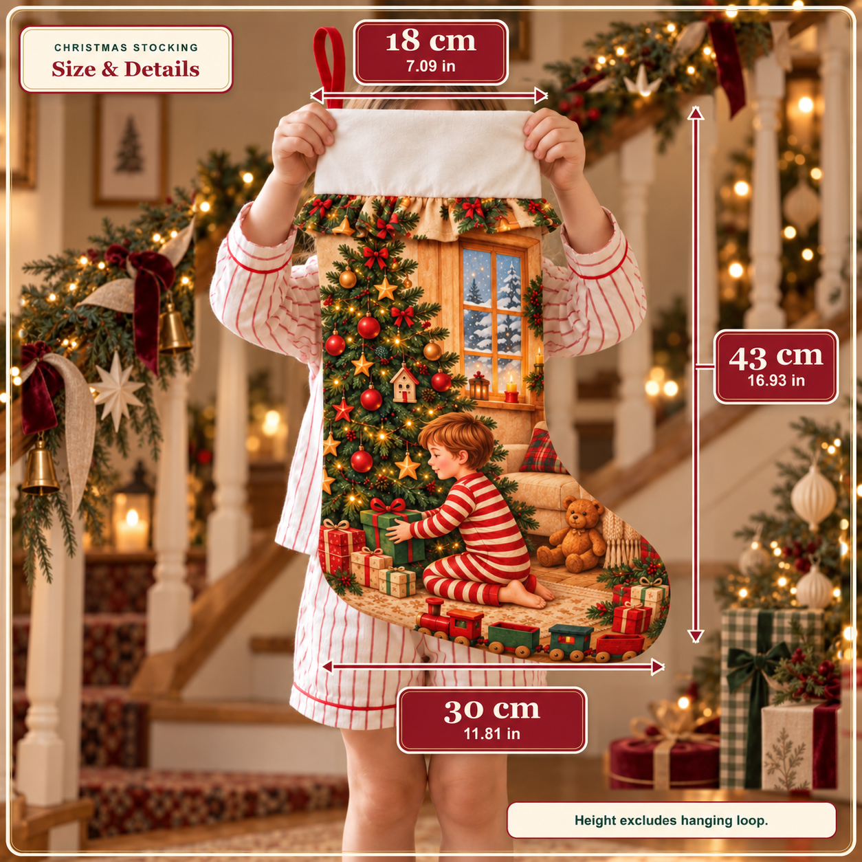 Größenangaben des personalisierten Weihnachtsstrumpfs 43 mal 30 Zentimeter