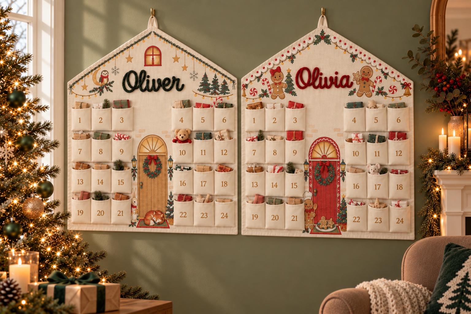 Zwei personalisierte Haus-Adventskalender im Querformat
