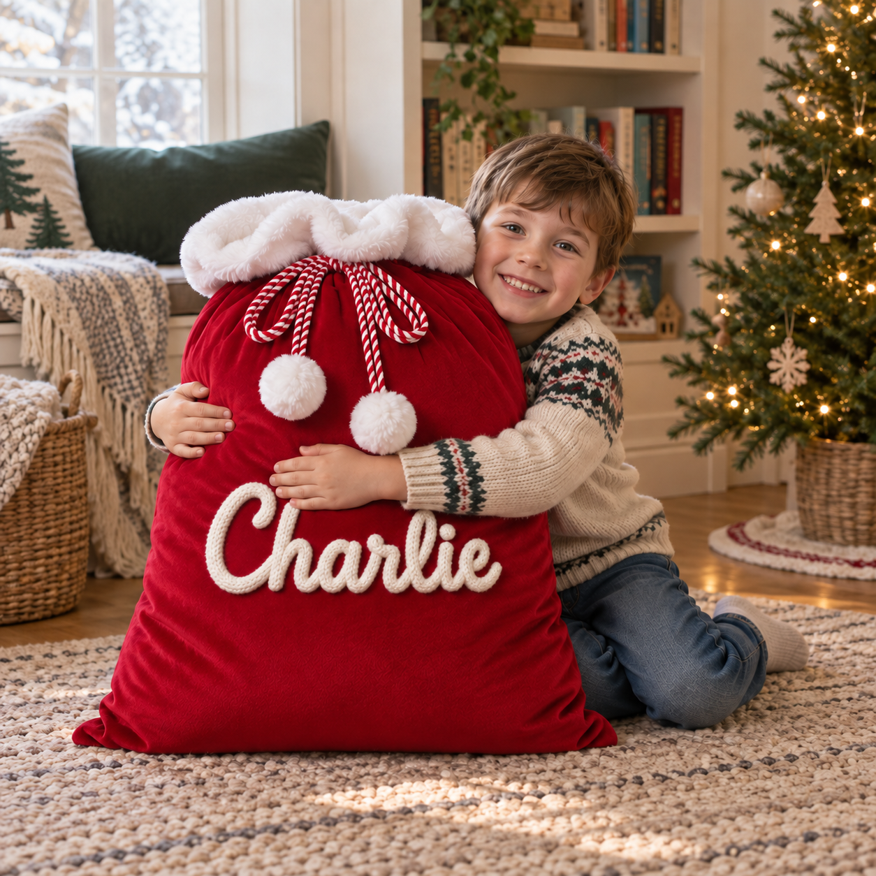 Junge mit großem personalisierten roten Weihnachtssack mit Namen