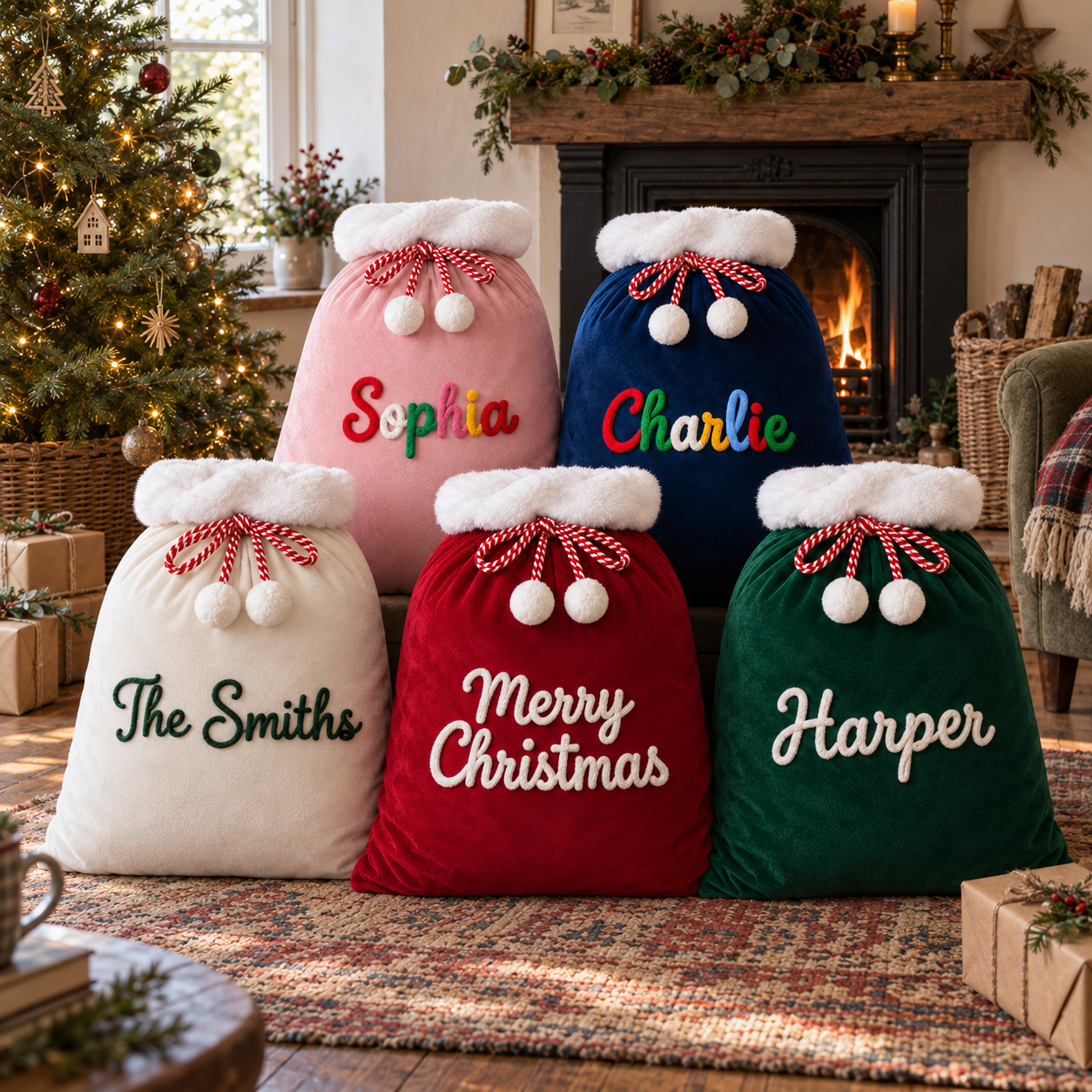 Großer personalisierter Weihnachtssack mit Namen und Weihnachtsmotiv