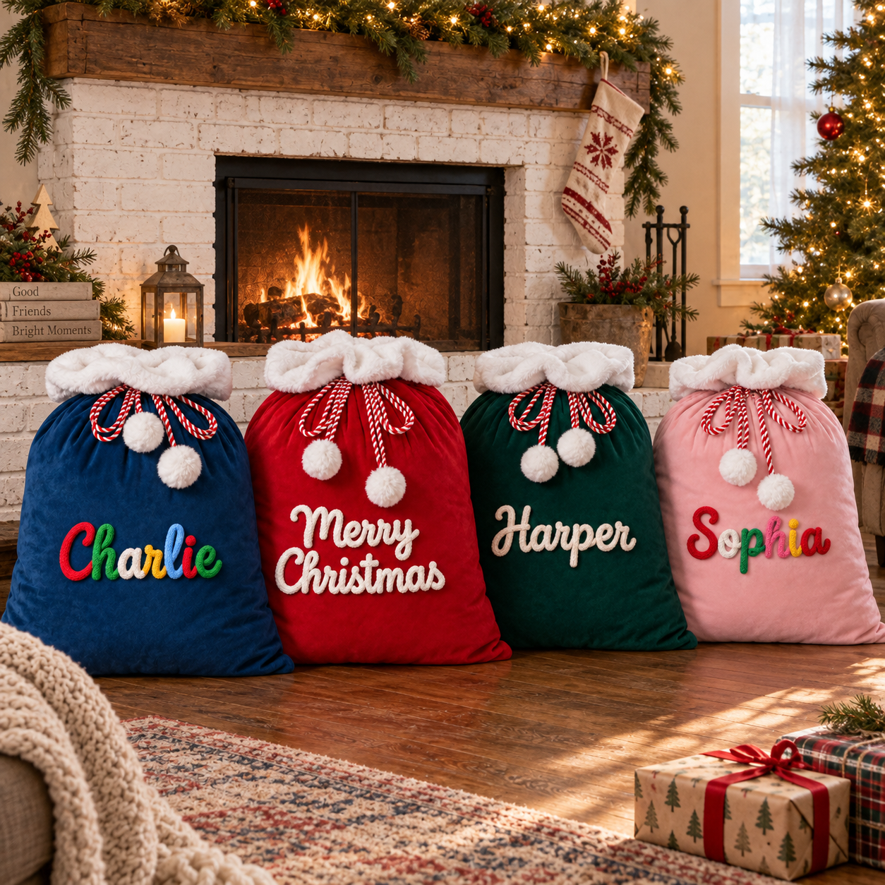 Personalisierter Weihnachtssack mit Wunschname neben dem Weihnachtsbaum