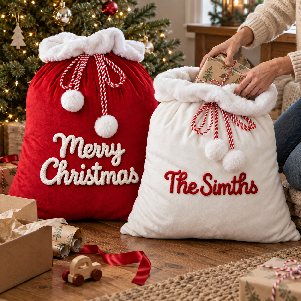 Personalisierter Weihnachtssack mit Kunstfellbesatz und Zugband