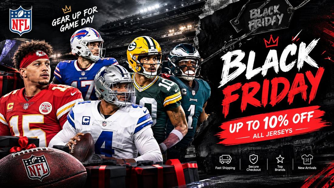 Black Friday NFL jerseys sale poster with Mahomes, Allen, Prescott, Hurts and Jackson jerseys &mdash; up to 10% off all NFL jerseys