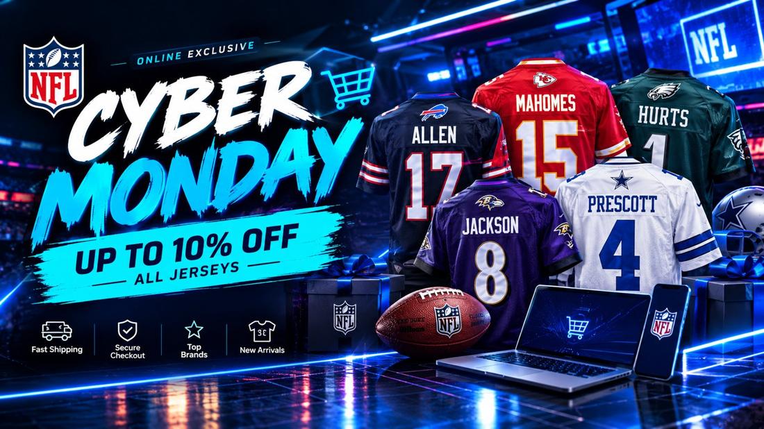 Cyber Monday NFL jersey neon sale poster with Allen, Mahomes, Hurts, Jackson and Prescott jerseys &mdash; up to 10% off all jerseys