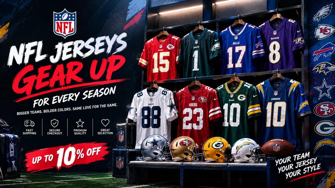 NFL jerseys gear up poster with Chiefs, Eagles, Bills, Ravens, Cowboys, 49ers, Packers and Chargers jerseys on lockers &mdash; up to 10% off