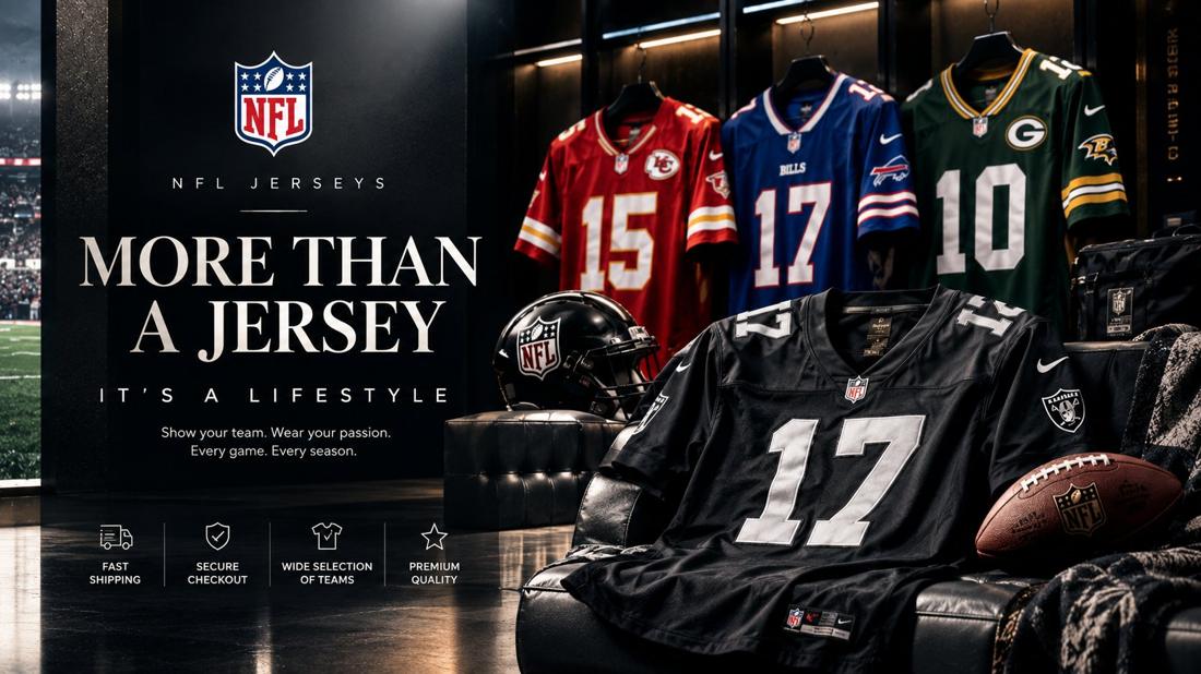 More than a jersey lifestyle poster with black Raiders jersey and NFL team jerseys on lockers &mdash; show your team, wear your passion