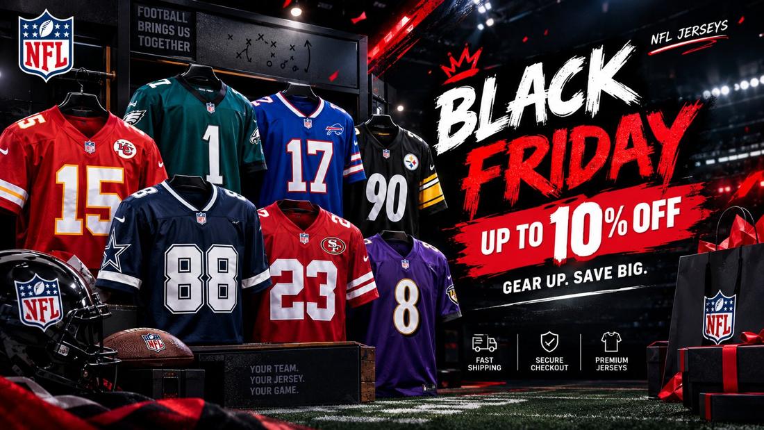 Black Friday NFL jerseys poster with Chiefs, Eagles, Bills, Steelers, Cowboys and 49ers jerseys &mdash; up to 10% off, gear up save big