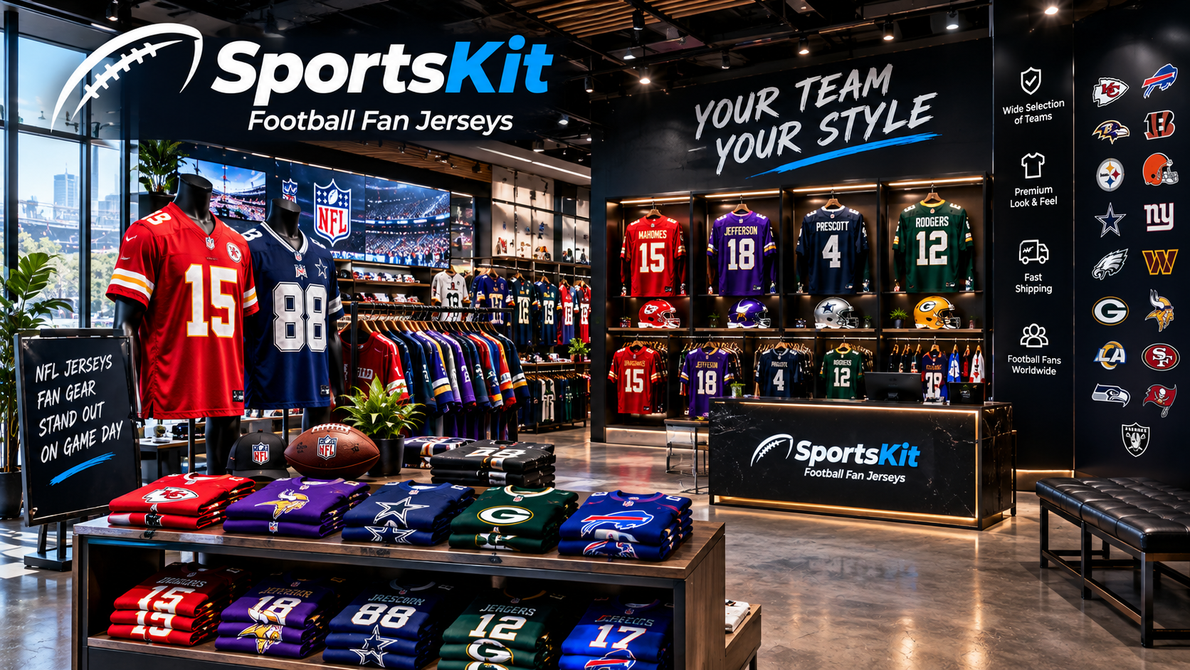SportsKit Premium Football Fan Jerseys Storefront and Warehouse Supplying Stitched Gear