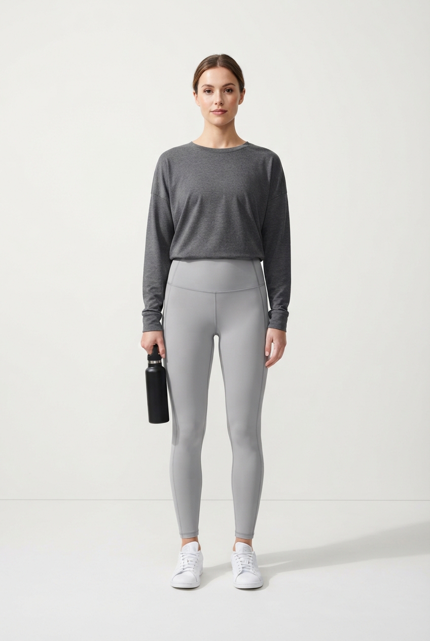 Light gray women high-rise cotton leggings on model in minimalist studio