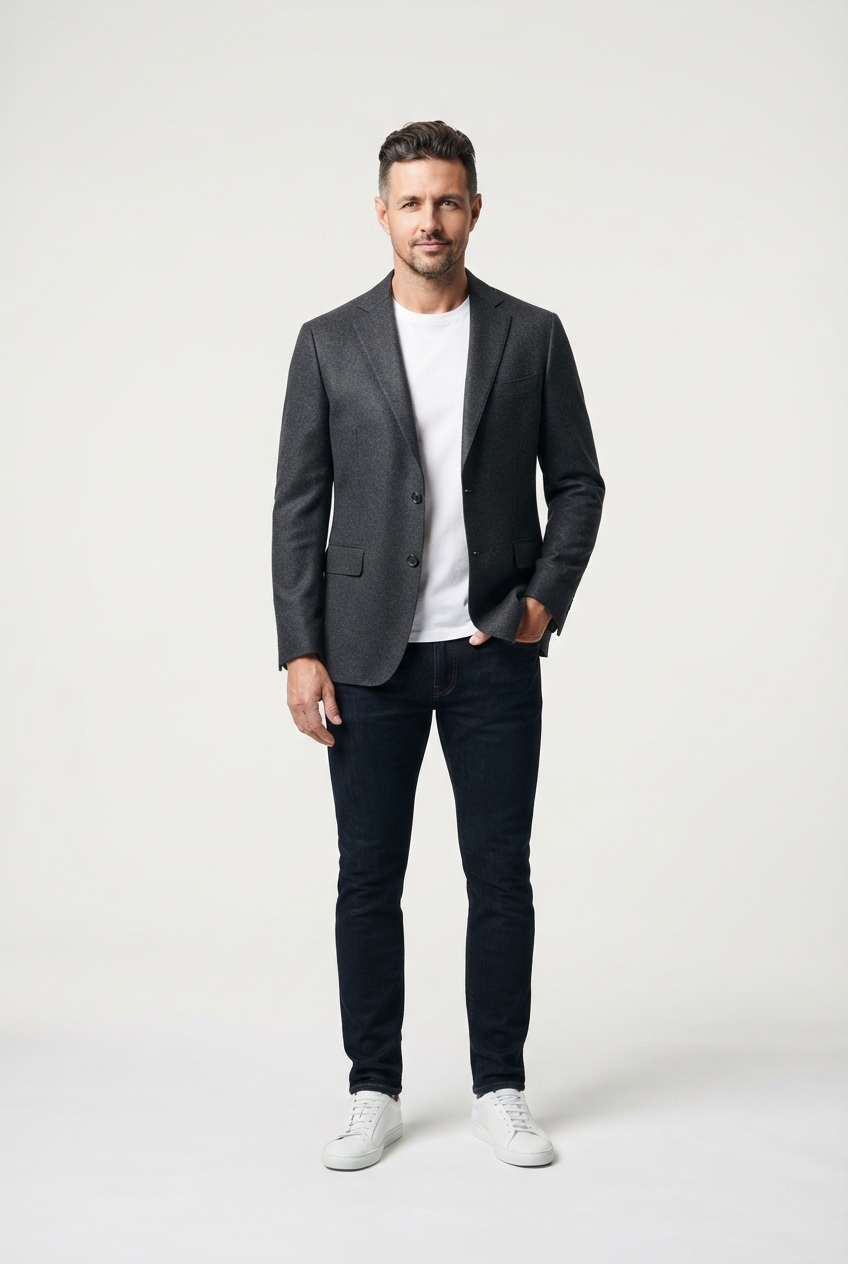 Dark gray men lightweight casual jacket on model in minimalist studio