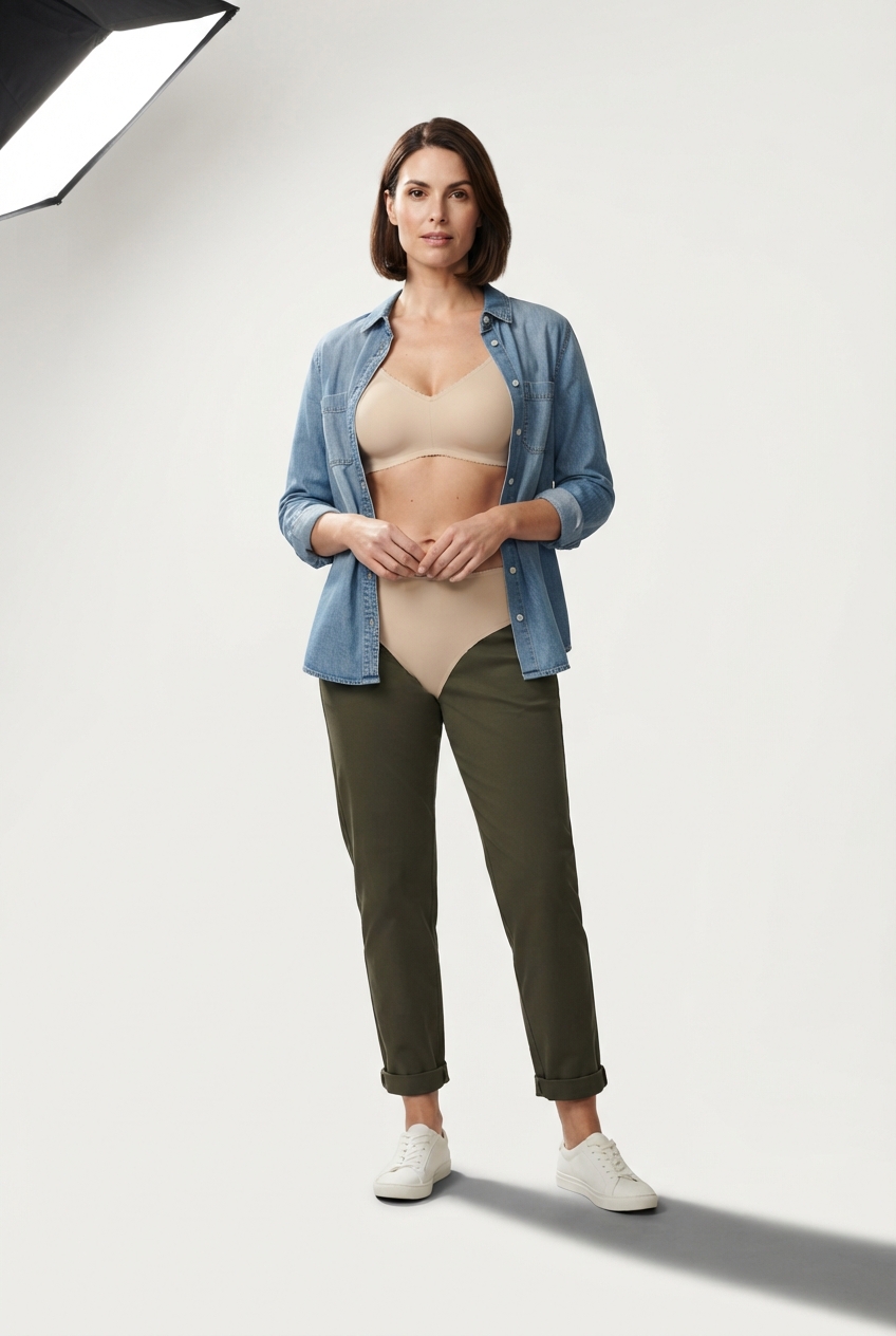 Beige women wireless everyday bra on model in soft studio lighting