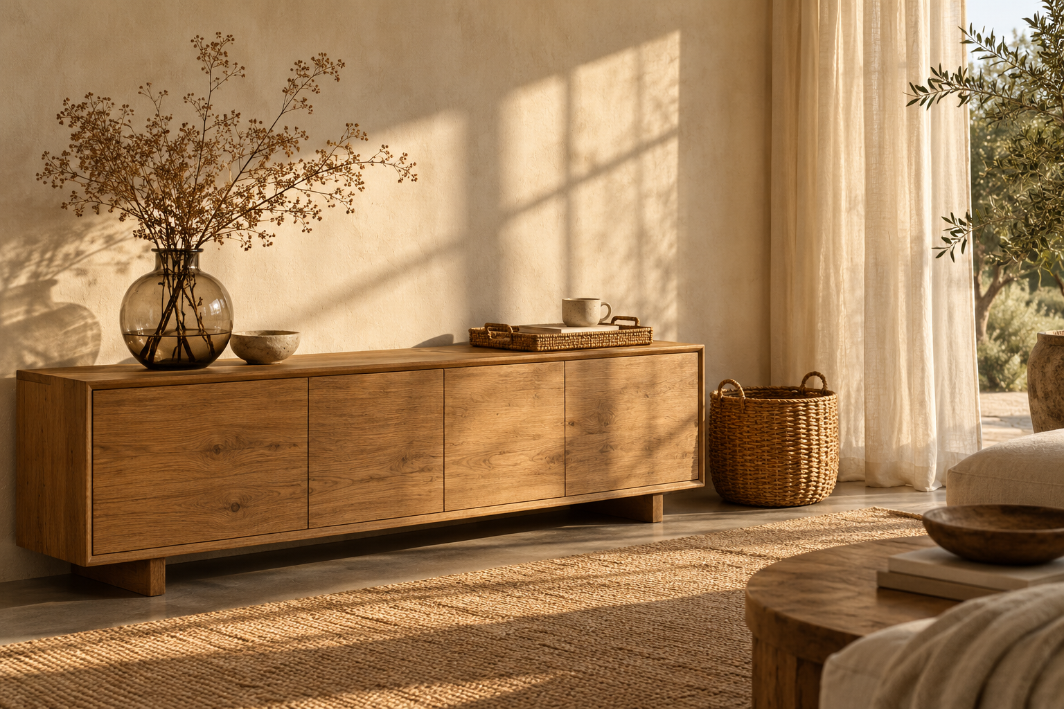 A sunlit room with warm wood, woven textures and simple home accents