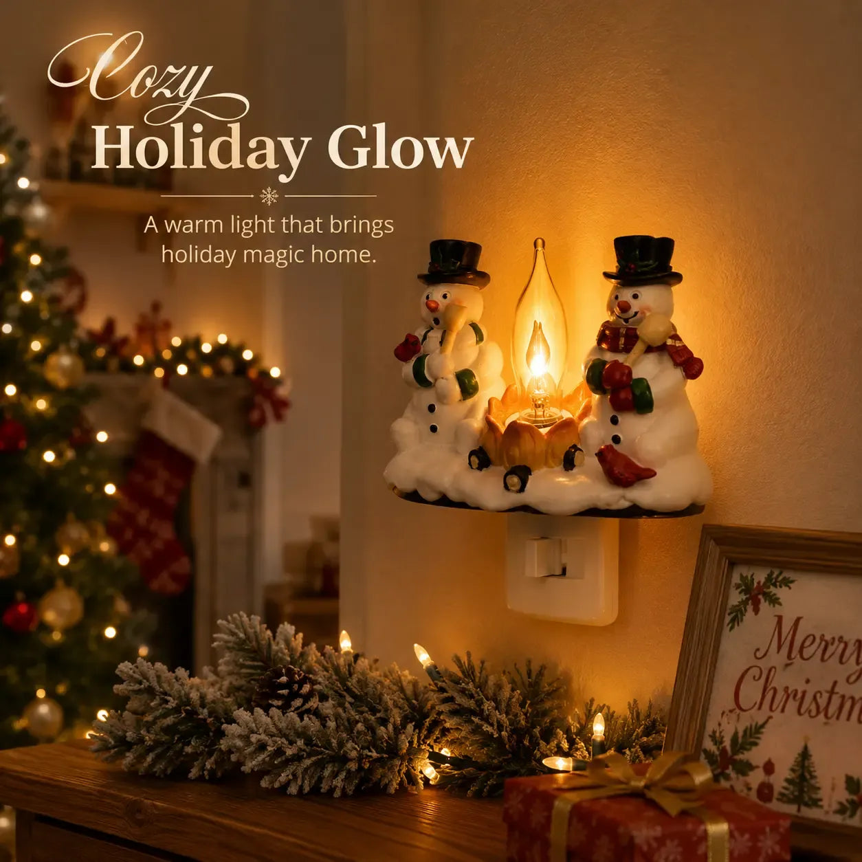 Snowman Campfire Night Light – 4" Resin Christmas Plug-In Decor with Flickering Flame Effect for Cozy Holiday Ambiance