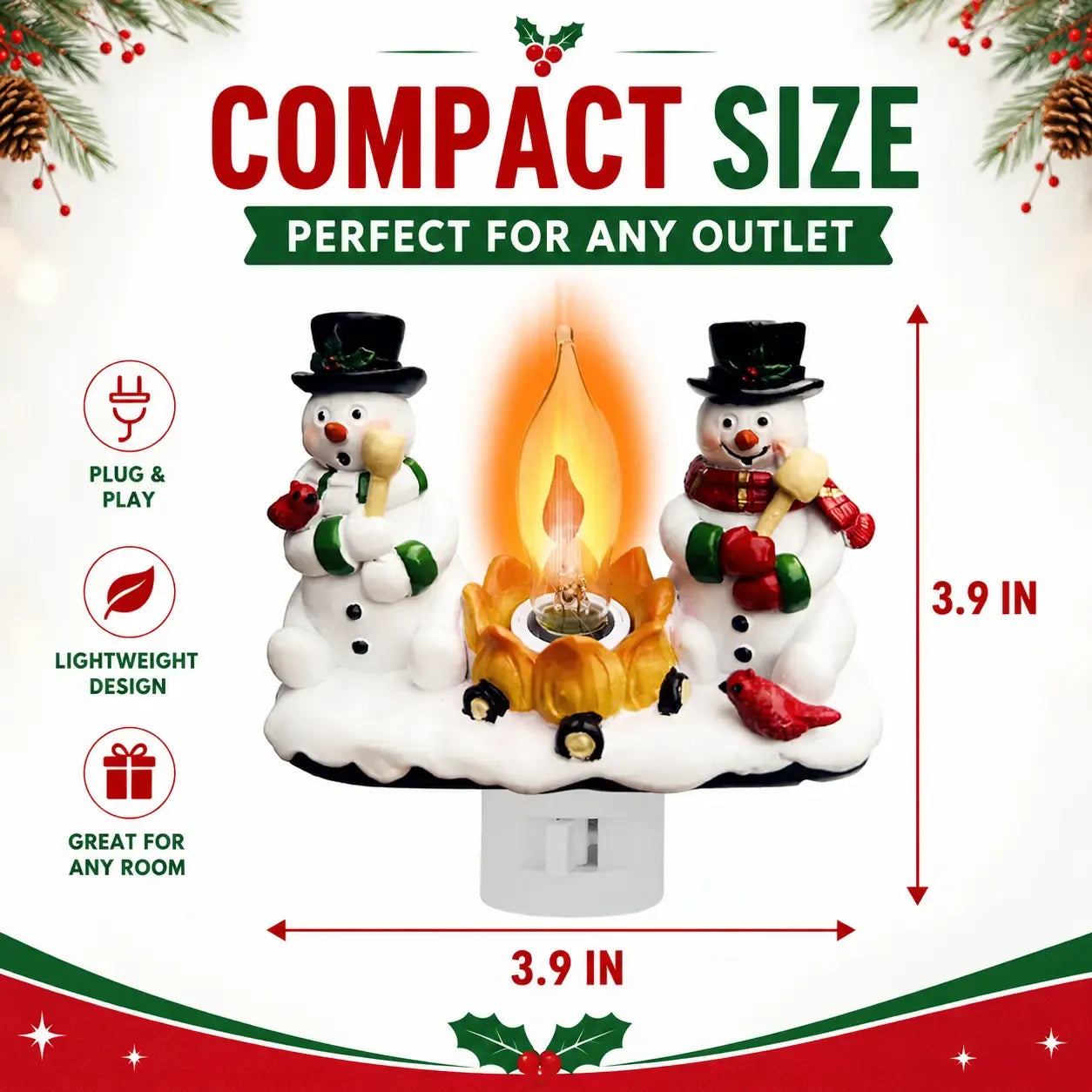 Snowman Campfire Night Light – 4" Resin Christmas Plug-In Decor with Flickering Flame Effect for Cozy Holiday Ambiance