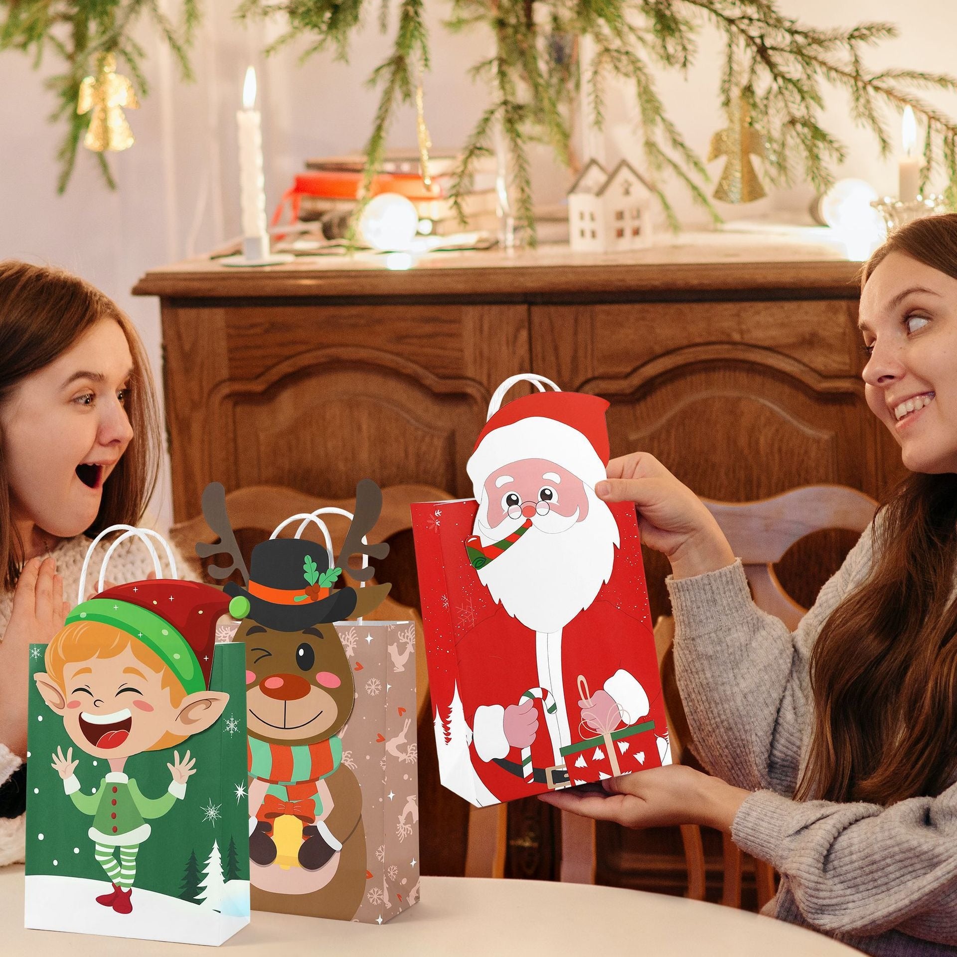 Christmas Character Gift Bags – Santa, Penguin, Reindeer & Elf Holiday Treat Bags for Christmas Gifts and Party Decor