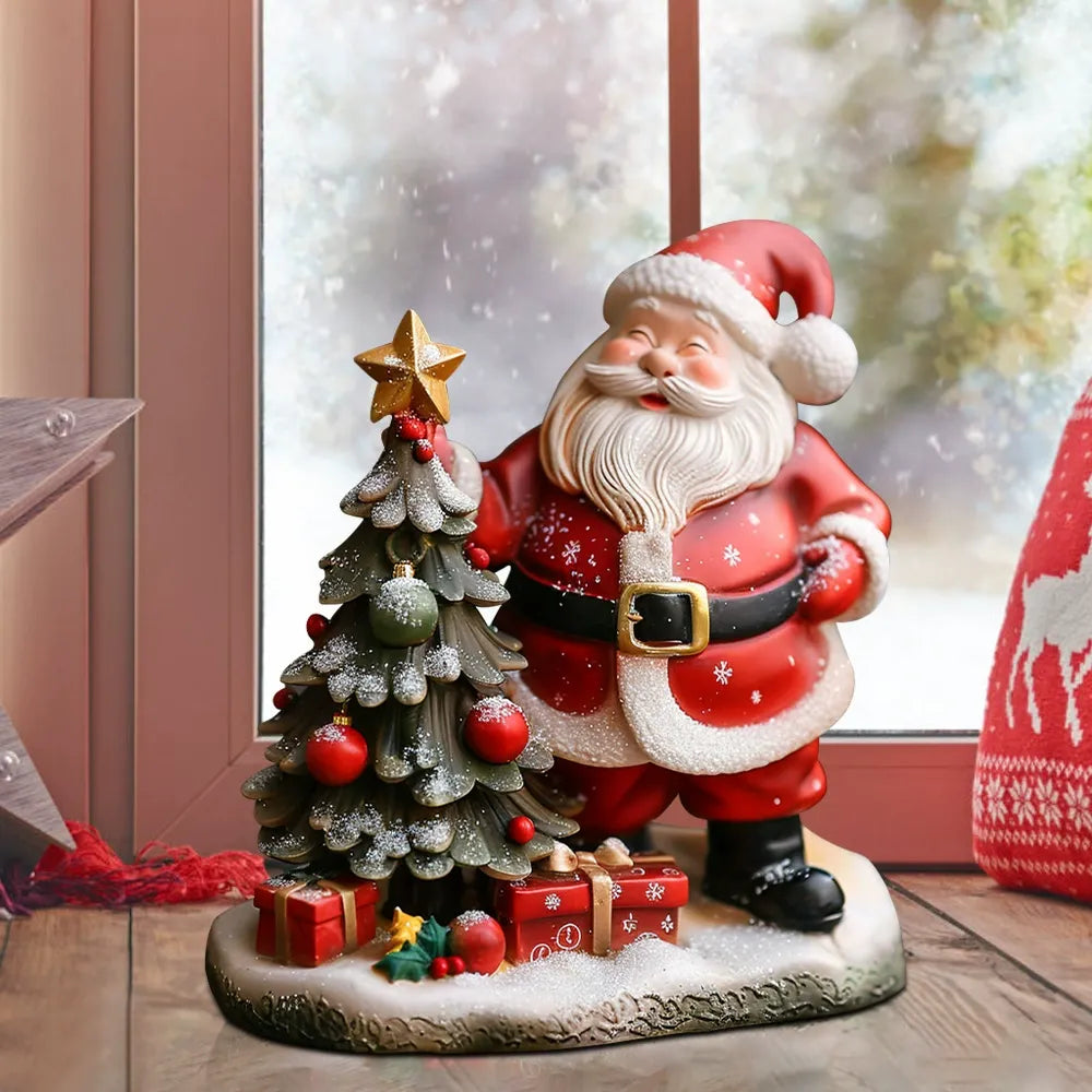 Santa Claus & Christmas Tree Resin Figurine – Festive Tabletop Decoration for Holiday Home Decor