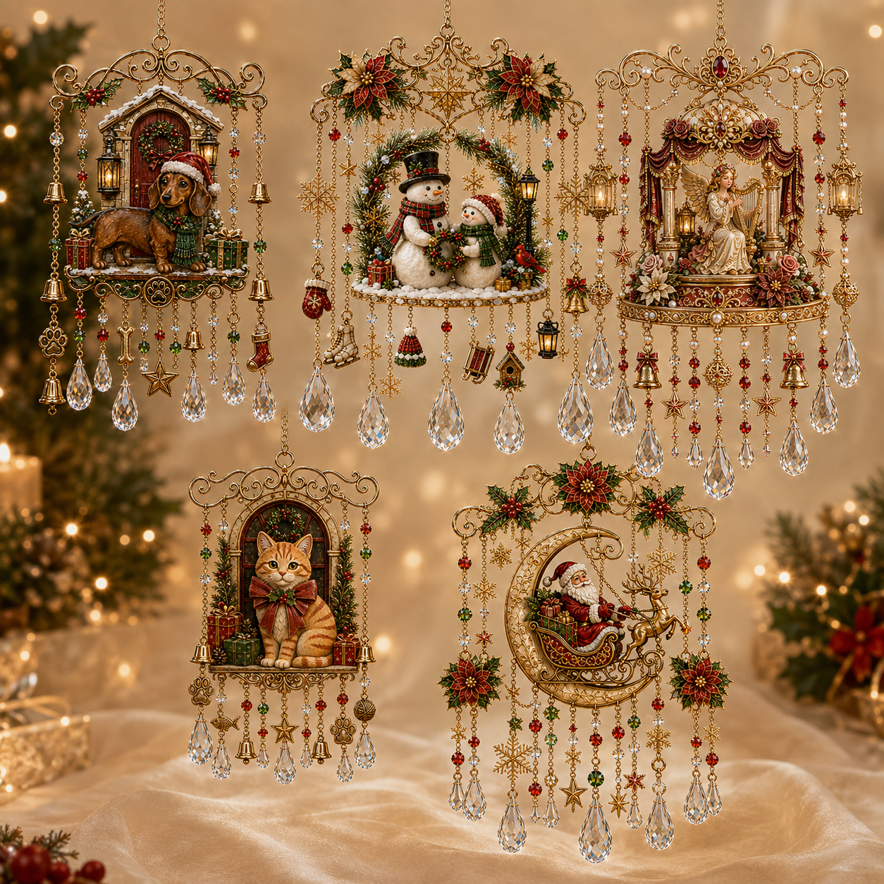 Christmas hanging ornaments displayed near a window, doorway and decorative stand