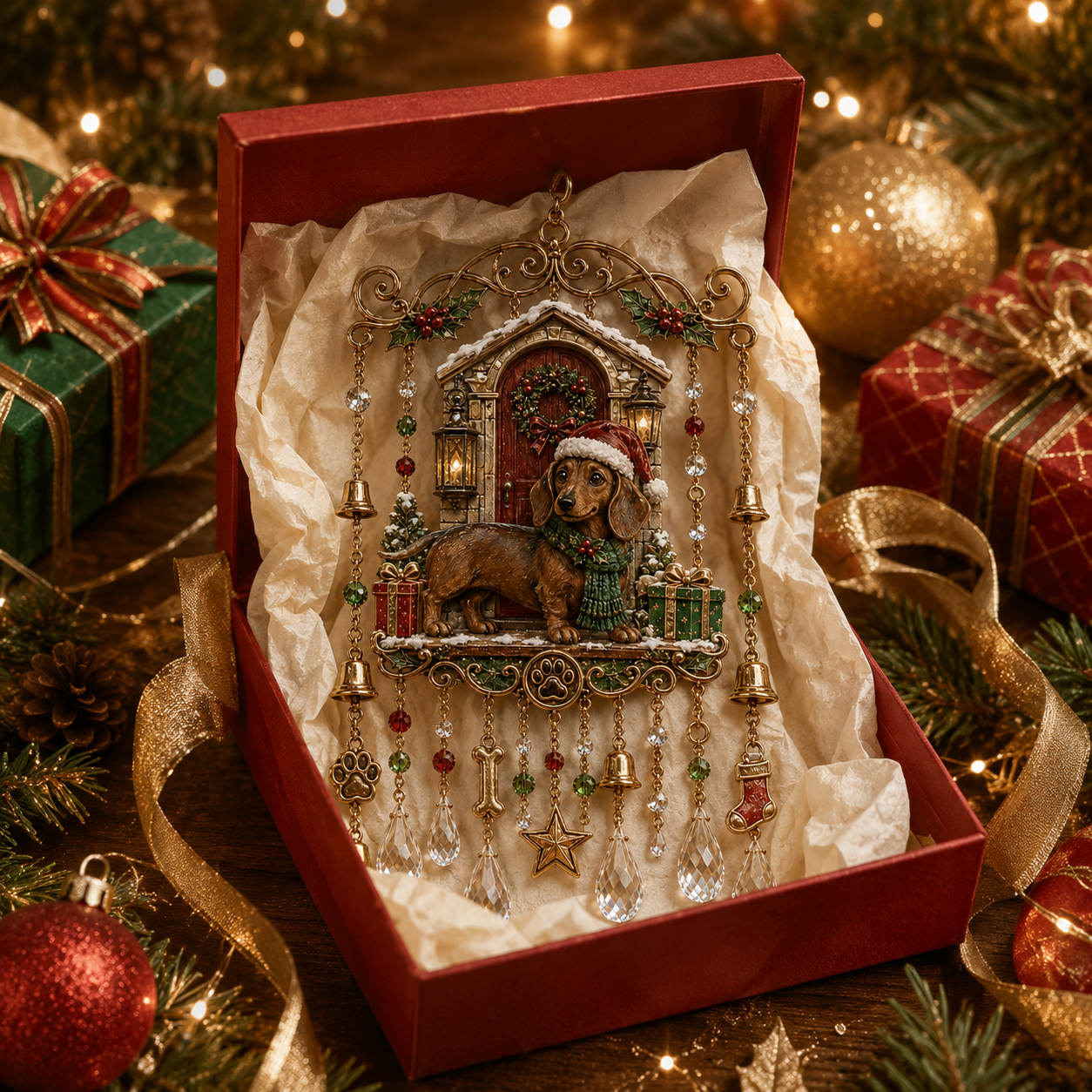 Detailed Christmas poinsettia, golden scrollwork and hanging decorations