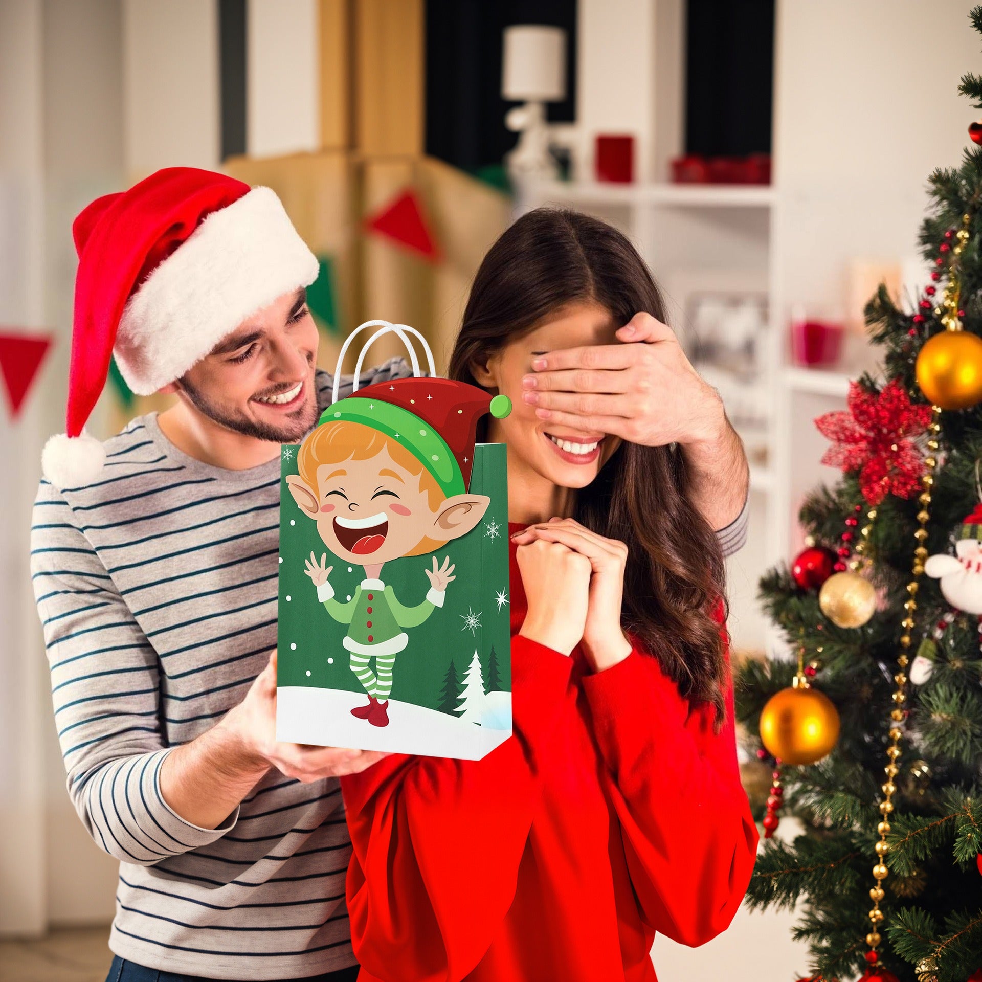 Christmas Character Gift Bags – Santa, Penguin, Reindeer & Elf Holiday Treat Bags for Christmas Gifts and Party Decor