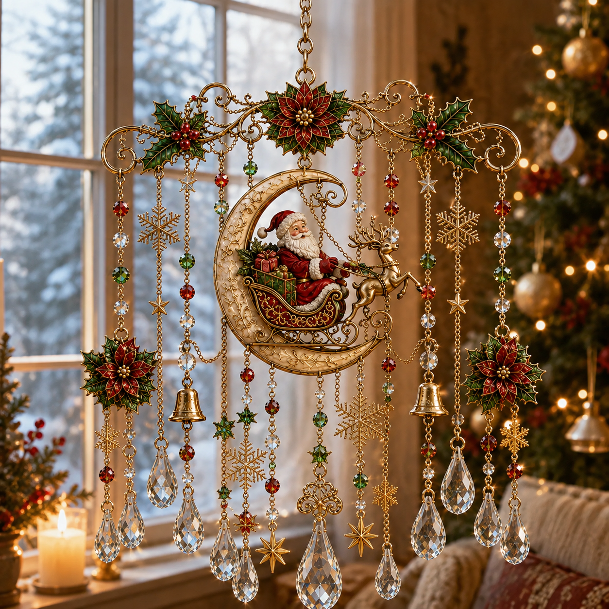 Close-up view of sparkling crystal drops and Christmas charms